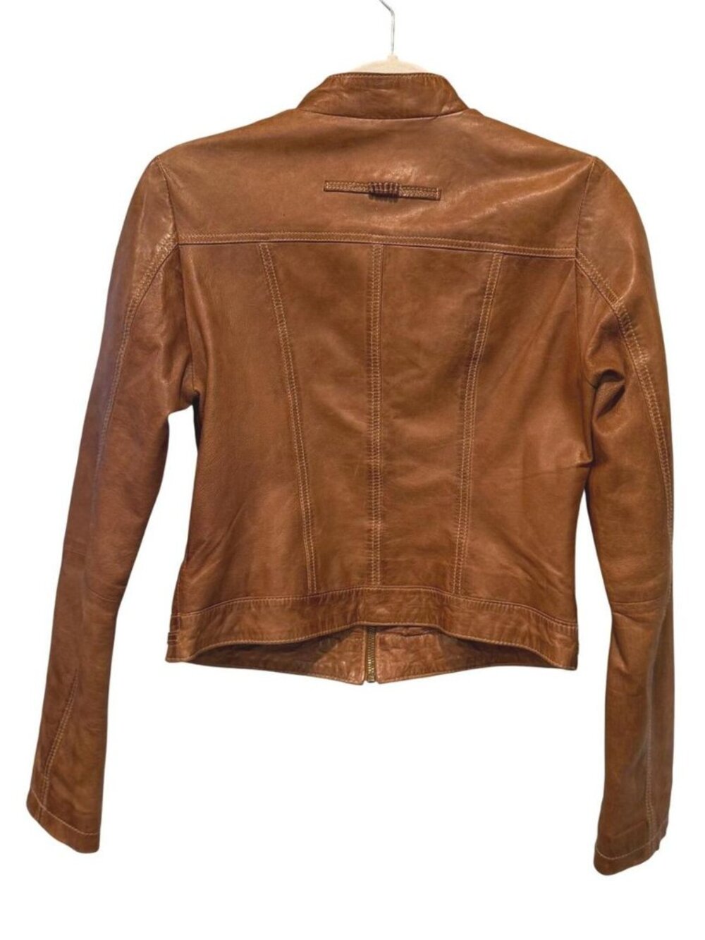 Wilson's Black Rivet Cognac Brown Cropped Leather Moto Jacket Sz XS Cafe Racer - Picture 2 of 8